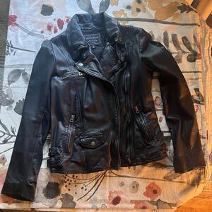 Lucky Brand Dark Blue Leather Moto Jacket Size Small.